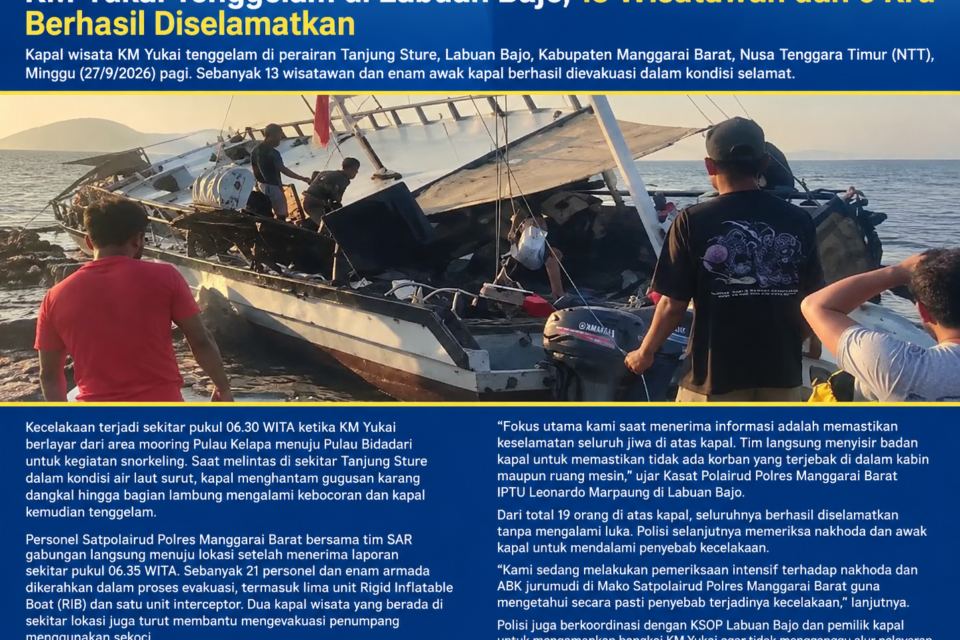 KM Yukai tenggelam di Labuan Bajo, 13 wisatawan dan 6 kru berhasil diselamatkan