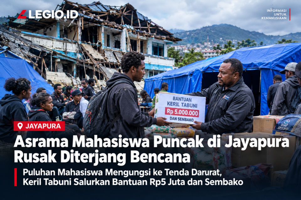 Ilustrasi kondisi asrama mahasiswa asal Kabupaten Puncak di Jayapura yang dilaporkan rusak akibat bencana, sehingga puluhan mahasiswa mengungsi ke tenda darurat. Keril Tabuni dilaporkan menyalurkan bantuan Rp5 juta dan sembako bagi mahasiswa terdampak. Catatan: Gambar merupakan ilustrasi buatan AI, bukan dokumentasi kejadian sebenarnya.
