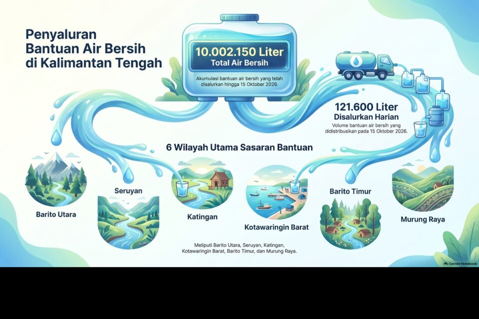 Infografis penyaluran bantuan air bersih Pemprov Kalimantan Tengah yang mencapai 10.002.150 liter hingga 15 Oktober 2026, dengan distribusi 121.600 liter pada 15 Oktober ke enam kabupaten.