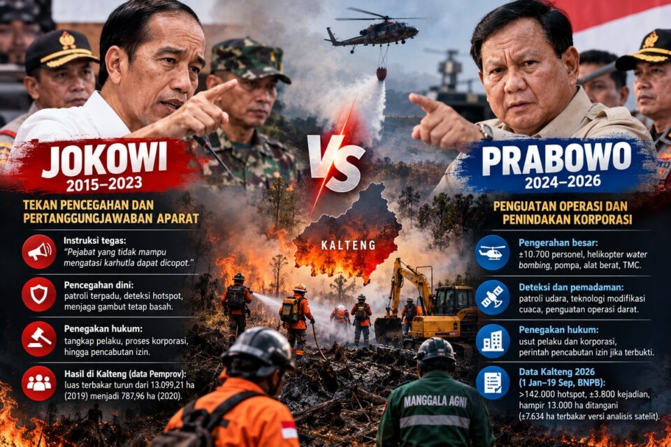 Ilustrasi perbandingan penanganan karhutla pada era Jokowi dan Prabowo. Fokus kebijakan mencakup pencegahan, pertanggungjawaban aparat, pengerahan kekuatan, pemadaman dan penindakan korporasi