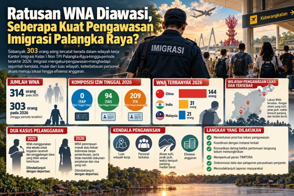 Ilustrasi pengawasan orang asing di wilayah kerja Imigrasi Palangka Raya. Sebanyak 303 WNA tercatat hingga periode terakhir 2026, dengan pengawasan menghadapi kendala luas wilayah, keterbatasan personel, akses sulit, dan efisiensi anggaran.