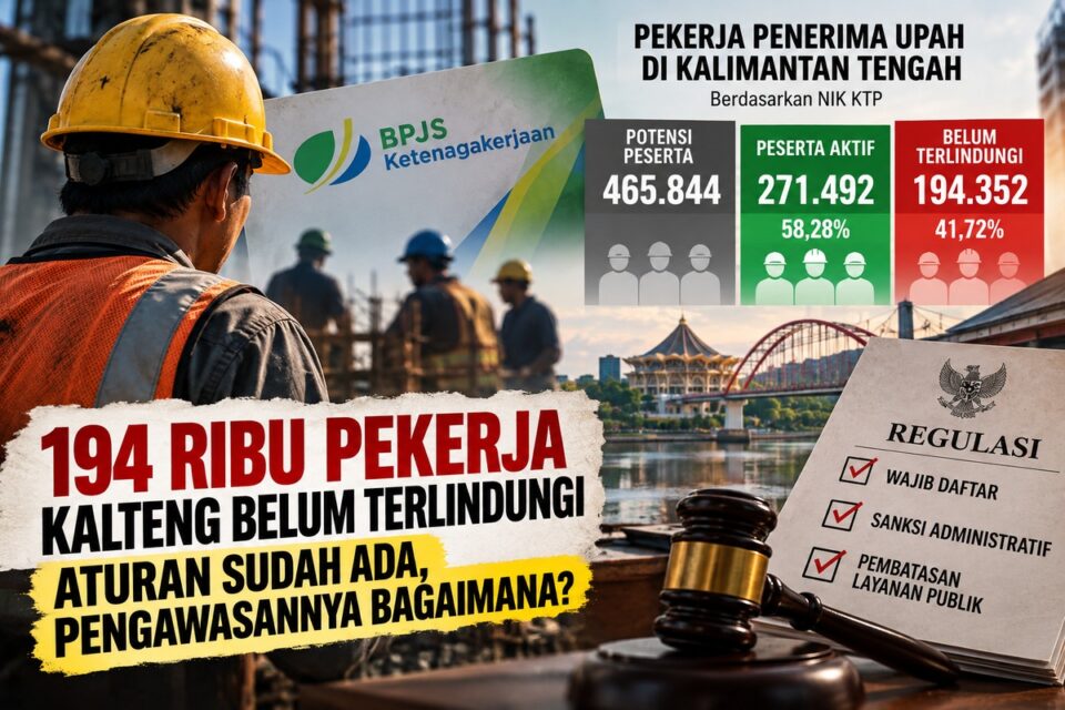 Infografik menunjukkan 194.352 pekerja penerima upah di Kalimantan Tengah belum terlindungi BPJS Ketenagakerjaan dari total 465.844 potensi peserta. Data berdasarkan NIK KTP Provinsi Kalteng per Oktober 2026.