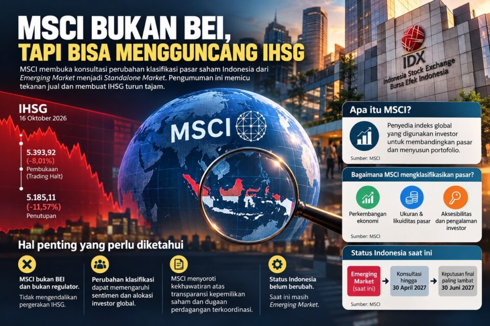 Ilustrasi hubungan MSCI dengan pasar modal Indonesia. MSCI membuka konsultasi perubahan klasifikasi Indonesia dari Emerging Market menjadi Standalone Market, sementara IHSG tertekan tajam pada perdagangan 16 Oktober 2026.