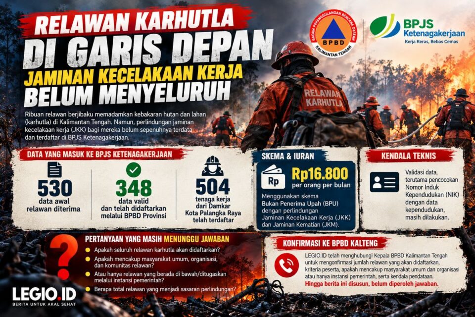 Perlindungan JKK melalui BPJS Ketenagakerjaan masih dalam proses pendataan dan validasi, sementara cakupan relawan yang akan didaftarkan masih menunggu kejelasan dari BPBD Kalteng.